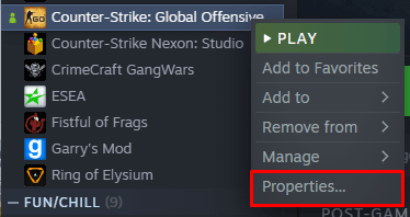 CS:GO settings button in Steam