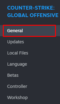 General settings tab for CS:GO in Steam